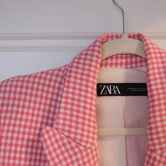 Zara Pink and White Tailored Houndstooth Women’s Blazer - Picture 5 of 9